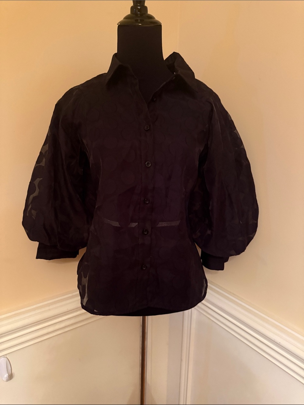 Gracia Black Sheer Dot Puff-Sleeve Polka Dot Button-Down Shirt Size Small